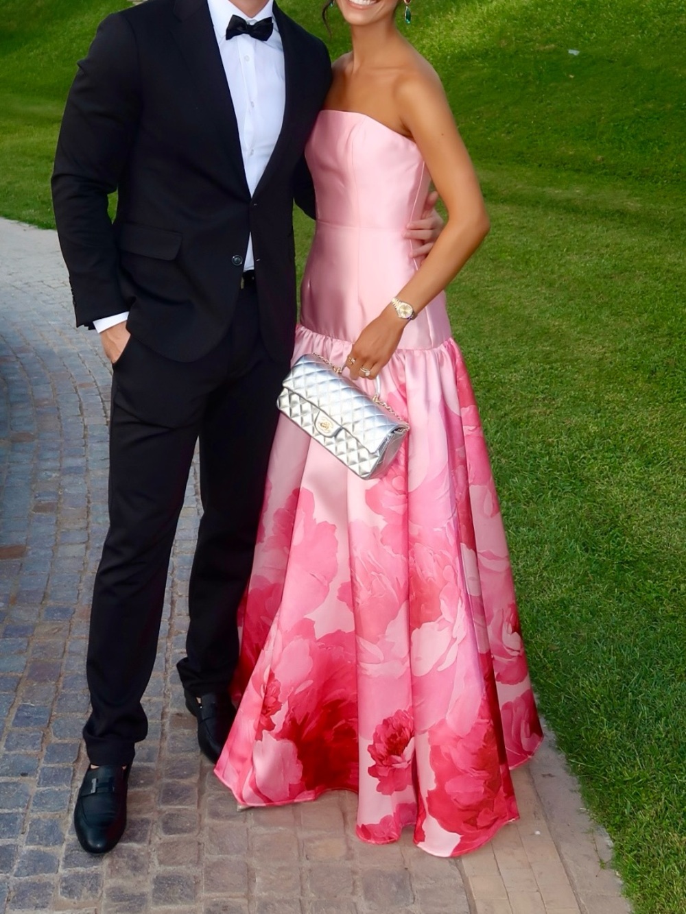 Pink printed mikado dress drop waisted ball gown